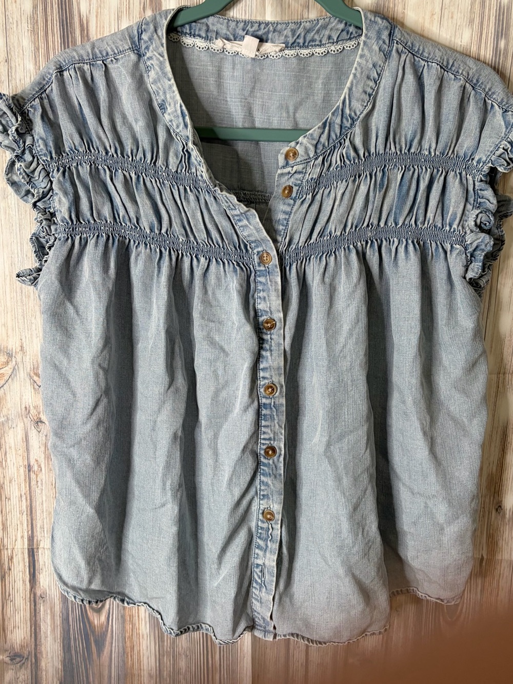 Jane and Delancey Light Wash Ruffled Yoke Button-Front Blouse